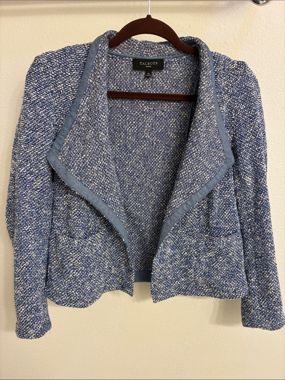 Talbots Blue and White Tweed Open-Front Blazer